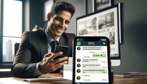 Presenta al asesor comercial chateando con un cliente a través de WhatsApp, mostrando una conversación profesional sobre propiedades inmobiliarias