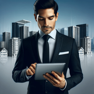 agente inmobiliario una tableta digital en un entorno moderno, simbolizando la innovación en las ventas inmobiliarias