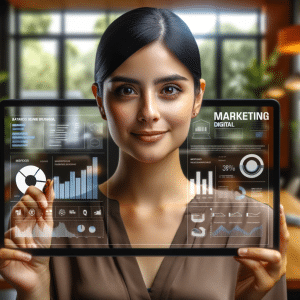 mujer en un entorno moderno y elegante, analizando datos de marketing digital en una pantalla grande